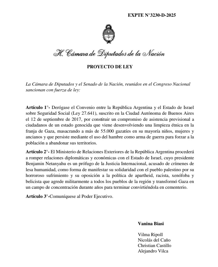 El Frente de Izquierda propone romper relaciones con Israel