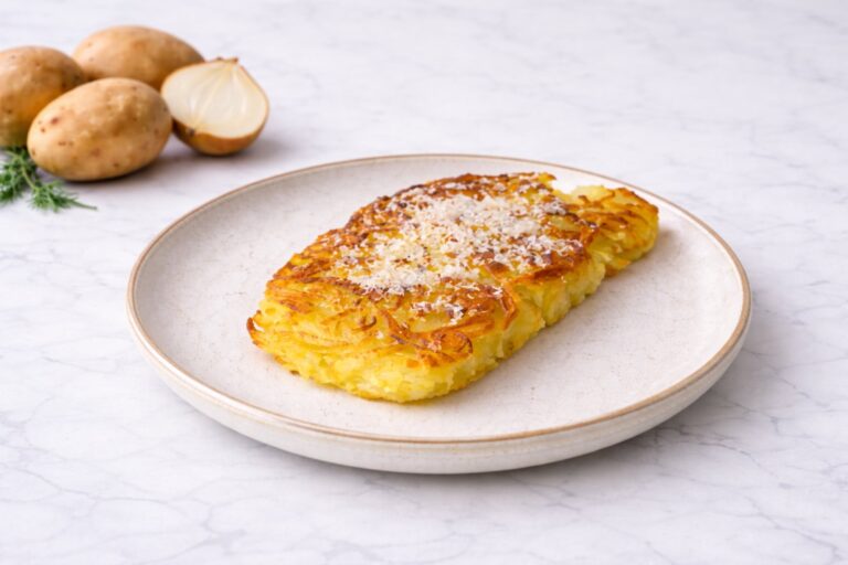 Pancake coreano de papa dorado y crocante, servido en un plato.